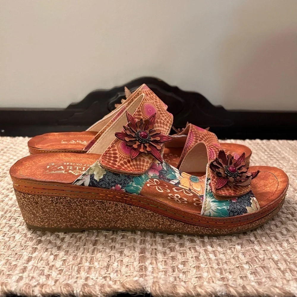 L'Artiste by Spring Step Polka-CAM Cork Wedge Sandals Size EU 42 Leather Floral